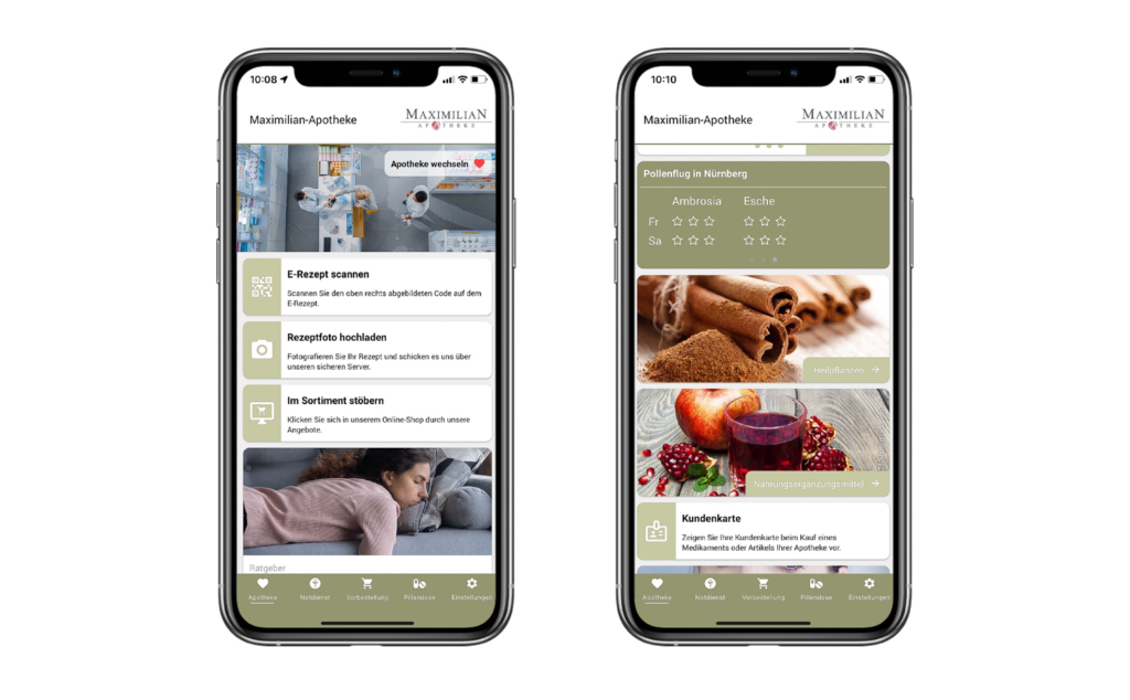 An overview of one of the pharmacies that can be found in the association pharmacy app "Frankenarznei24", which was developed using the white label process. You can see some of the additional features: the pollen count and the pharmacy guide. 