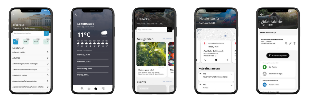 Verschiedene Funktionen von FRED - die Baukasten-App für Kommunen, beispielsweise das Wetter, Notdienste und der Eventkalender.