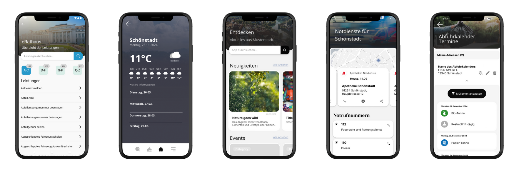Verschiedene Funktionen von FRED - die Baukasten-App für Kommunen, beispielsweise das Wetter, Notdienste und der Eventkalender.